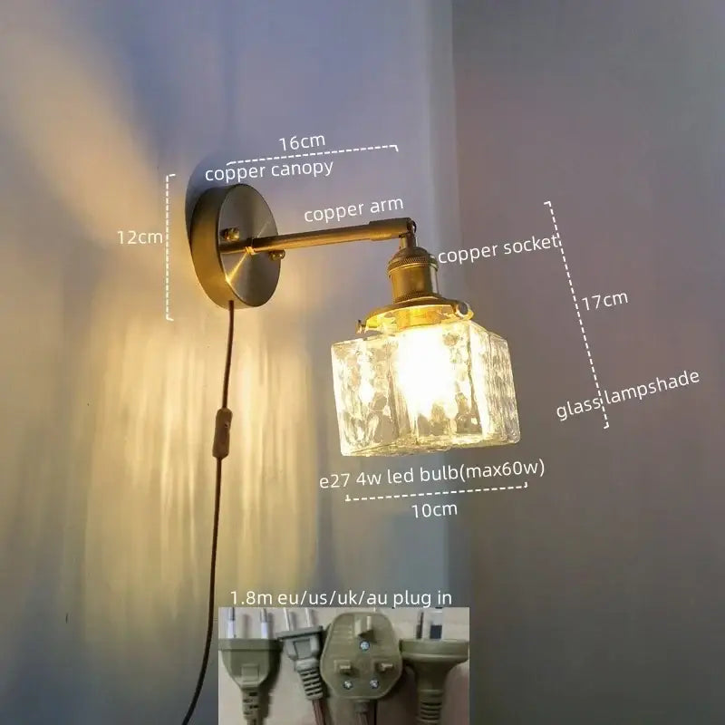 Copper vintage brass and glass led wall lamp with faceted glass lampshade and pull chain for bedroom lighting