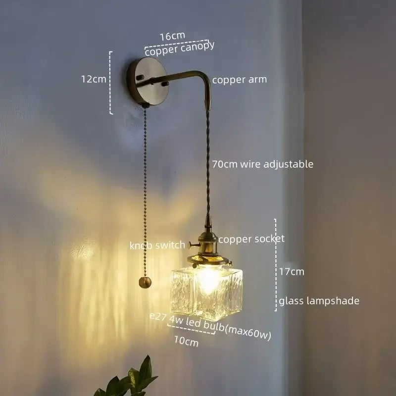 Vintage brass and copper led wall lamp with textured glass shade and adjustable wire arm for bedroom lighting