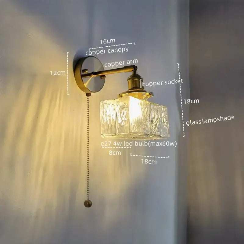 Copper wall lamp with textured glass lampshade vintage brass and glass led wall lamp with bedroom pull chain light
