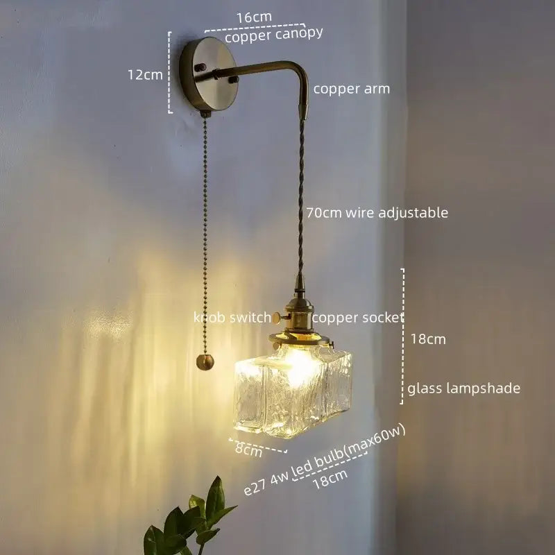 Vintage brass and copper led wall lamp with textured glass lampshade and adjustable wire for bedroom lighting