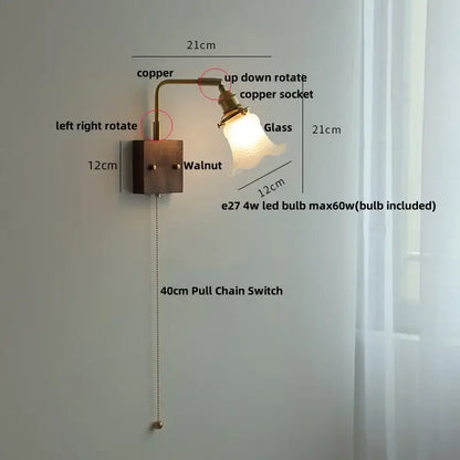 Vintage brass and glass pink led wall sconce with copper finish, walnut base, glass lampshade, and pull chain switch