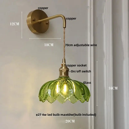 Vintage brass wall lamp with copper arm and green glass led lotus shade ideal for bedroom lighting