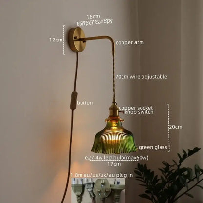 Vintage brass led wall lamp with a copper sconce, green ribbed glass shade, and adjustable 70cm wire for living room use