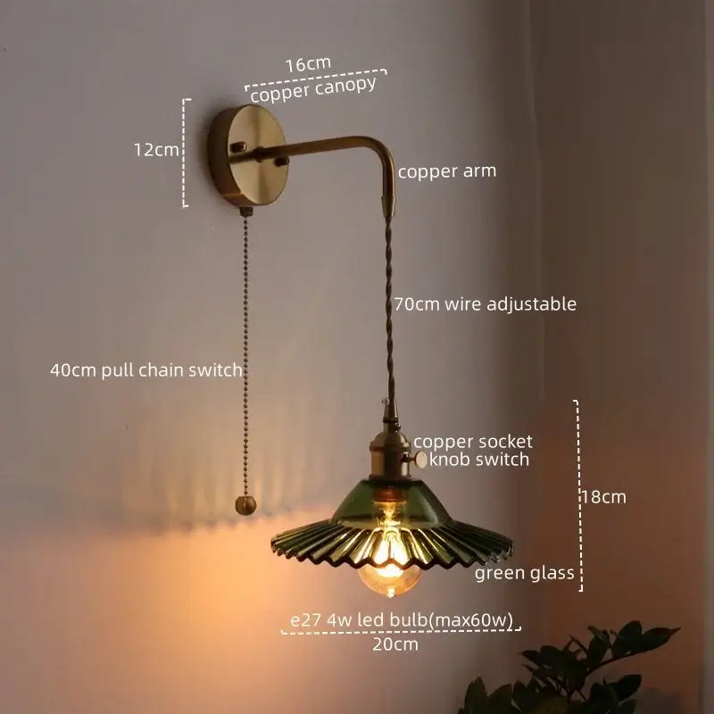 Vintage brass and copper led wall lamp with green glass shade and adjustable 70cm wire for living room sconce