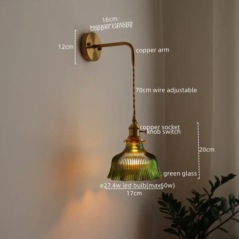 Vintage brass and green glass led wall lamp with adjustable copper arm and ribbed shade for living room sconce lighting