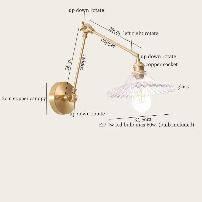 Adjustable copper wall sconce with clear glass shade for vintage brass and green glass led wall lamps in bedroom use