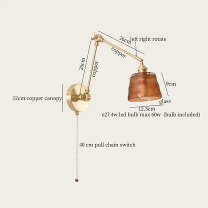 Copper-finished adjustable wall lamp with textured amber glass led shade and pull chain for vintage bedroom lighting