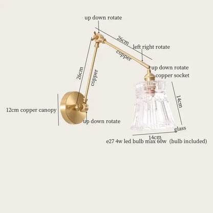 Adjustable copper wall sconce with clear glass shade vintage brass and green glass led wall lamps for bedroom pull chain