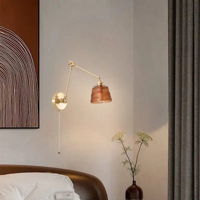 Vintage brass wall lamps with green glass led amber shade and adjustable arm for bedroom pull chain sconce lighting