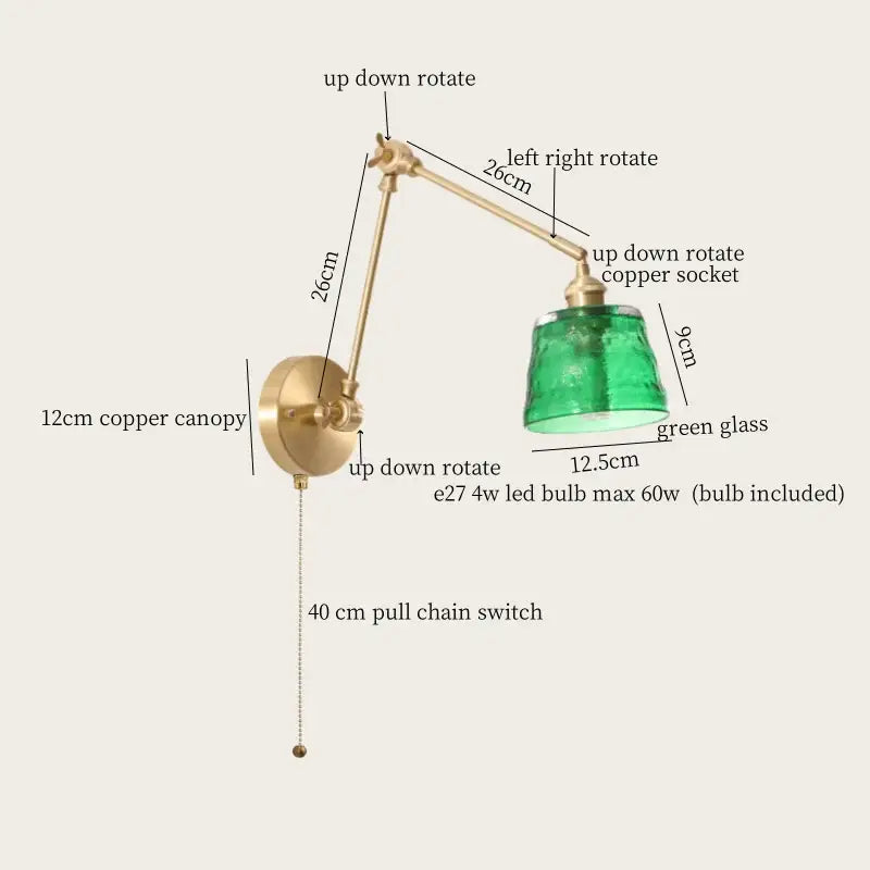Adjustable copper wall lamp with green glass led shade vintage brass sconce for bedroom with pull chain