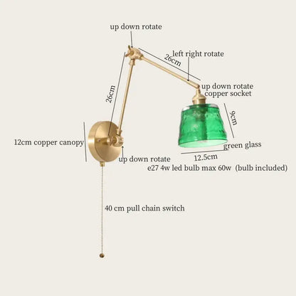 Adjustable copper wall lamp with green glass led shade vintage brass sconce for bedroom with pull chain