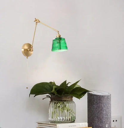 Vintage brass wall lamps with green glass led adjustable lampshade mounted on a pull chain sconce for bedroom use