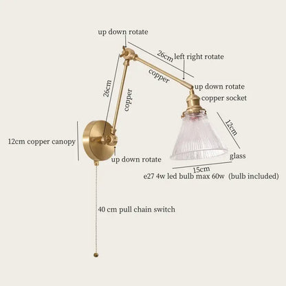 Adjustable copper wall sconce with clear glass shade vintage brass and green glass led wall lamps for bedroom use