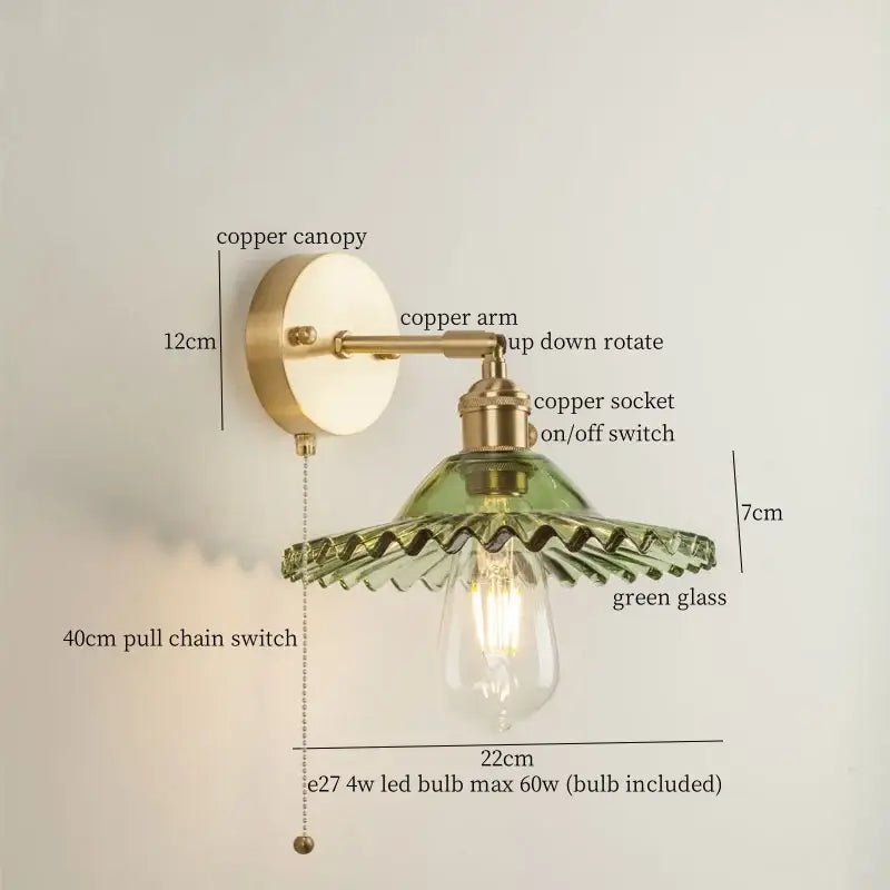 Vintage brass and green glass led wall light bedroom sconce with green glass lamp and ornate scalloped copper arm