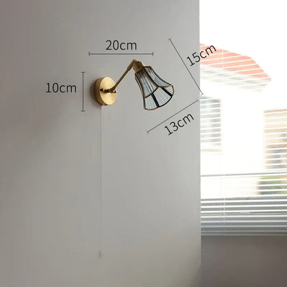 Vintage brass wall lights with slender articulated arm and green glass led geometric shade for bedroom sconce lighting