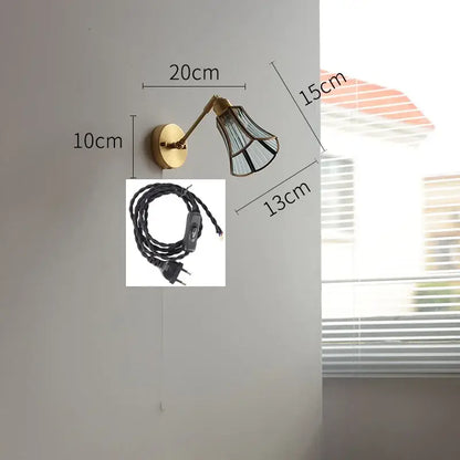 Vintage brass wall lights with green glass led shade and black geometric trim for bedroom sconce lighting