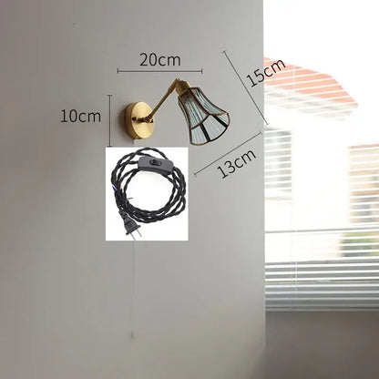 Vintage brass wall lights with green glass led shade and black braided cord for bedroom sconce lighting