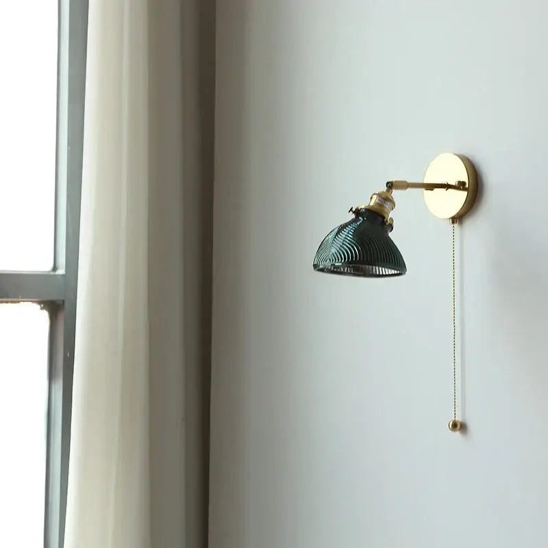 Vintage brass and green glass led wall lights with ribbed shade and brass finish for bedroom sconce lighting