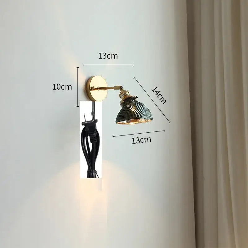 Vintage brass led wall lights with dark green ribbed glass shade for bedroom wall lighting