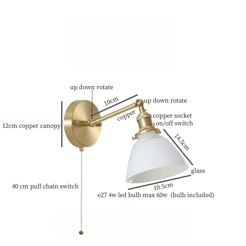 Vintage brass wall sconce with white glass shade and adjustable arm featuring green glass led for bedroom lighting