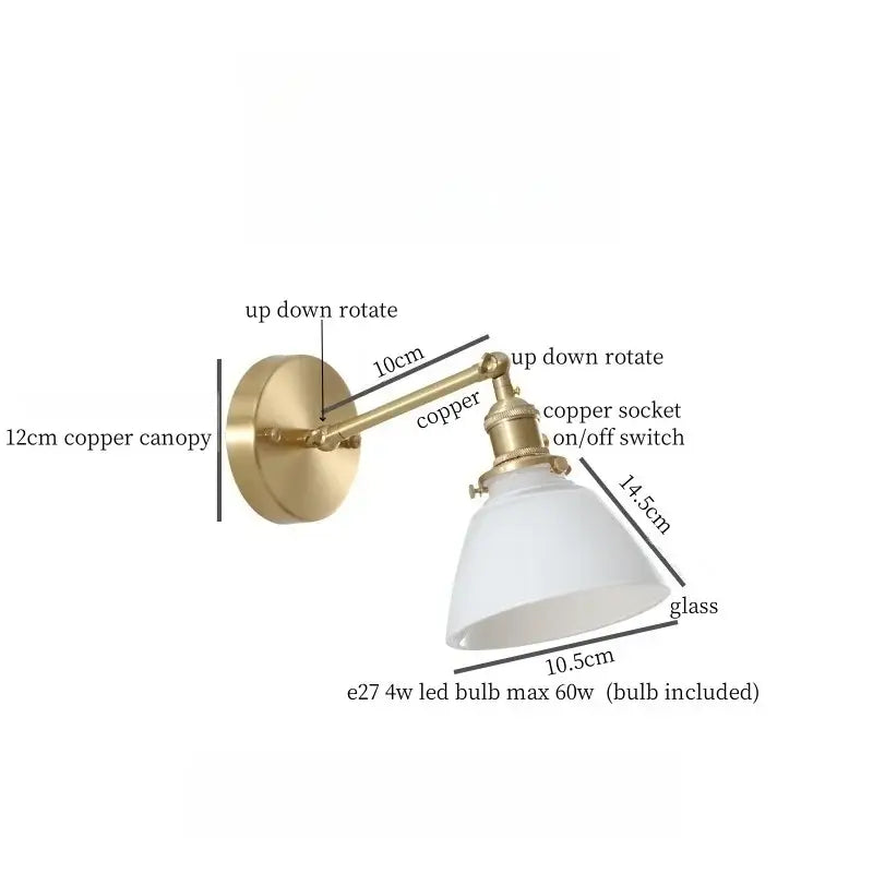 Vintage brass wall sconce with green glass led frosted shade and adjustable arm for bedroom lighting