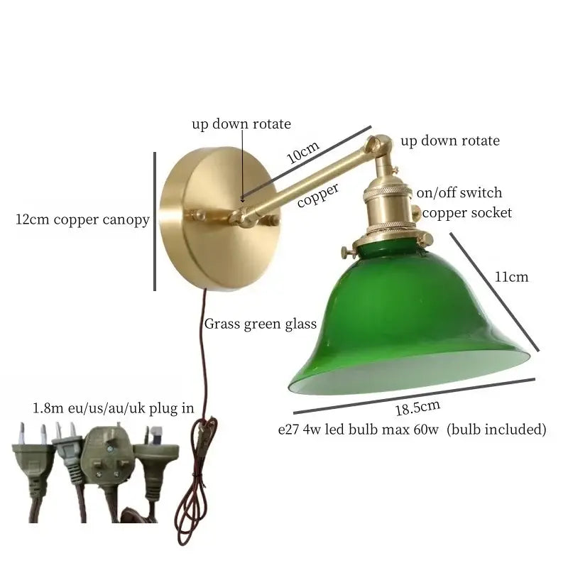 Vintage brass wall sconce with a grass green glass led shade and copper canopy for elegant bedroom lighting