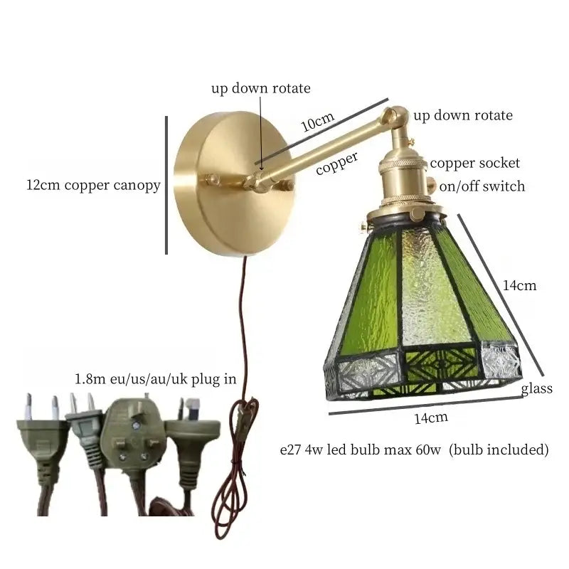 Vintage brass wall sconce with green glass led and adjustable arm for bedroom lighting and decor