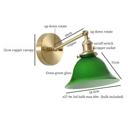 Vintage brass wall sconce with adjustable arm and grass green glass led shade for bedroom lighting