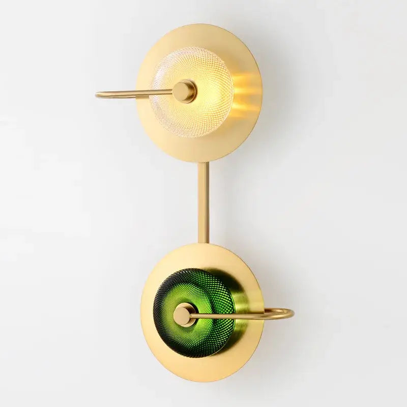 Vintage brass wall lamp with green glass and clear textured shades metal wall art light for living room decor