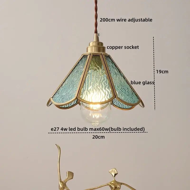Vintage brass and blue glass pendant light with adjustable 200cm wire ideal for bedroom decorbites blue glass decor