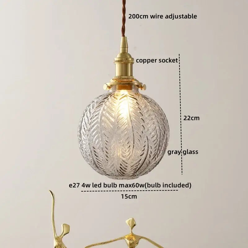 Vintage brass and green glass pendant light with spherical gray glass leaf etchings and e27 led bulb socket decorbites blue glass