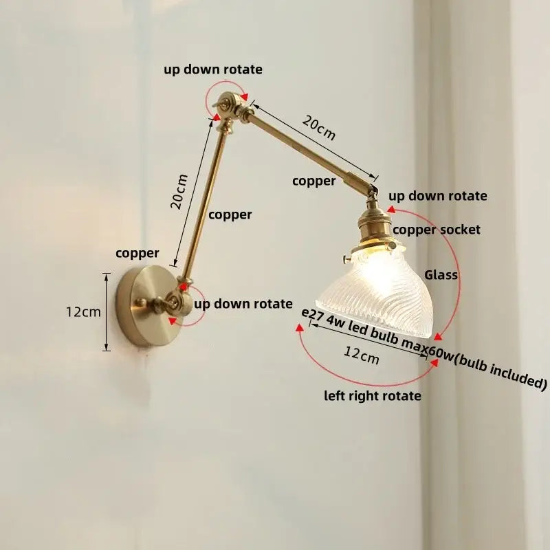 Adjustable copper wall light fixture with textured glass shade vintage brass and green glass bedroom sconce
