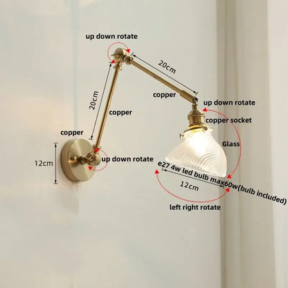 Adjustable copper wall light fixture with textured glass shade vintage brass and green glass bedroom sconce