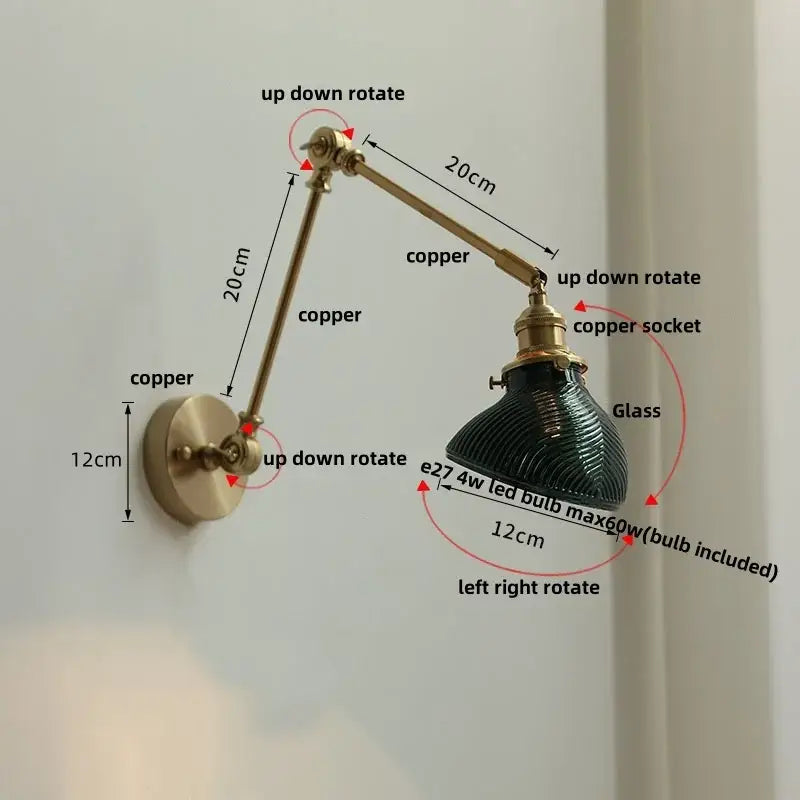 Adjustable copper wall light fixture with dark green ribbed glass shade vintage brass bedroom sconce