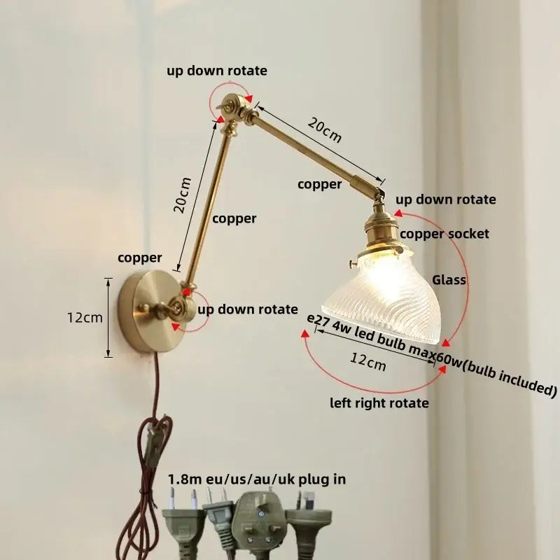 Adjustable copper wall light fixture with textured glass shade vintage brass and green glass bedroom sconce