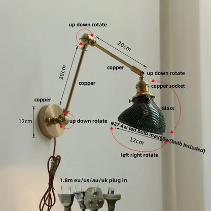 Adjustable copper wall light fixture with dark green ribbed glass shade vintage brass green glass bedroom sconce