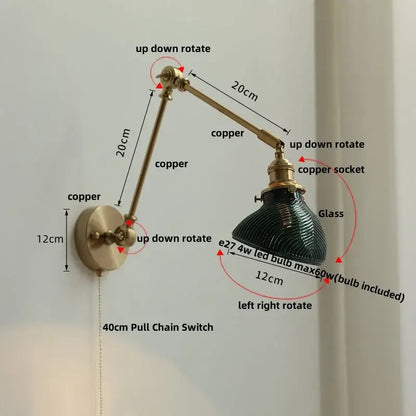 Vintage brass and green glass wall light fixture with copper mount and adjustable arms for bedroom use