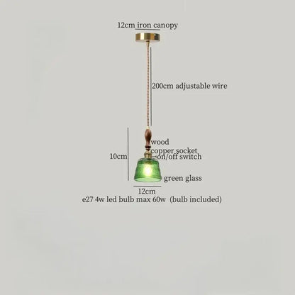 Vintage brass and green leaf led pendant lamp with 12cm green glass shade copper wire and wood socket for dining room