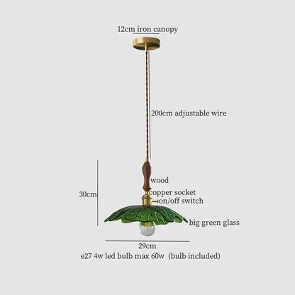 30cm vintage brass and green leaf led pendant lamp with copper wire and wooden handle for dining room lighting