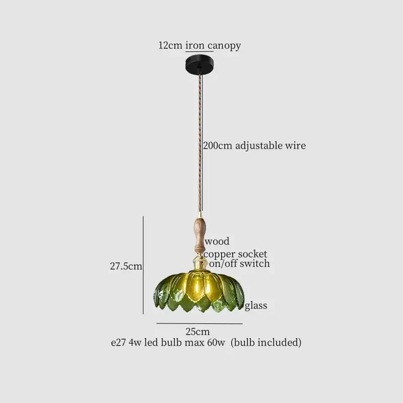 Green and gold glass leaf led pendant lamp with wooden handle copper socket and iron canopy for dining room