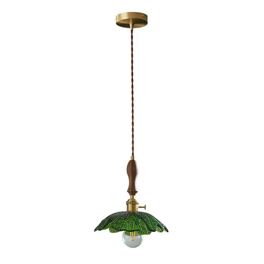 Vintage brass and green leaf led pendant lamp with twisted cord and wooden handle for dining room lighting