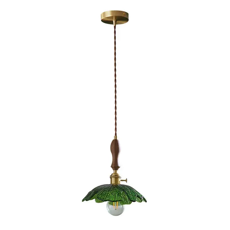 Vintage brass and green leaf led pendant lamp with twisted cord and wooden handle for dining room lighting