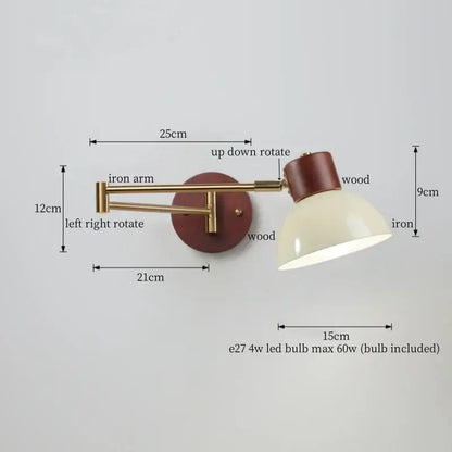 Adjustable wall lamp with brass iron arm, wooden base and shade, cream diffuser, and brown wood accents for decorbites creamy iron led