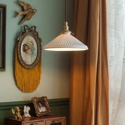 Vintage brass and off-white ceramic led pendant light with white ribbed glass shade for dining room decorbites ceramic led