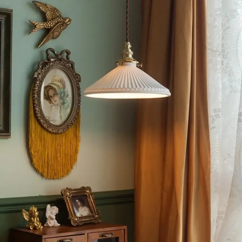 Vintage brass and off-white ceramic led pendant light with white ribbed glass shade for dining room decorbites ceramic led