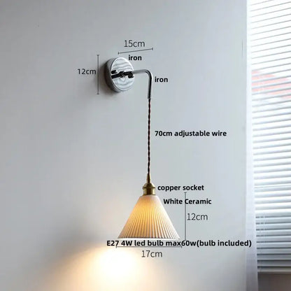 Vintage brass and ribbed glass wall sconce with white ceramic led fluted shade for bedroom decorbites ceramic led wall