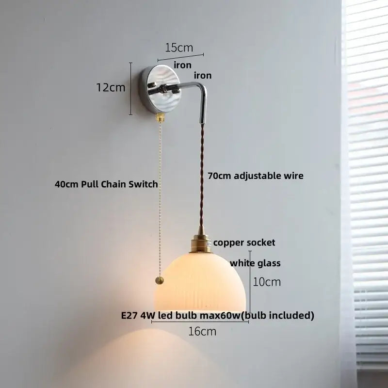 Vintage brass and ribbed glass wall sconce with ceramic led wall light, copper socket, and curved iron arm decorbites ceramic led