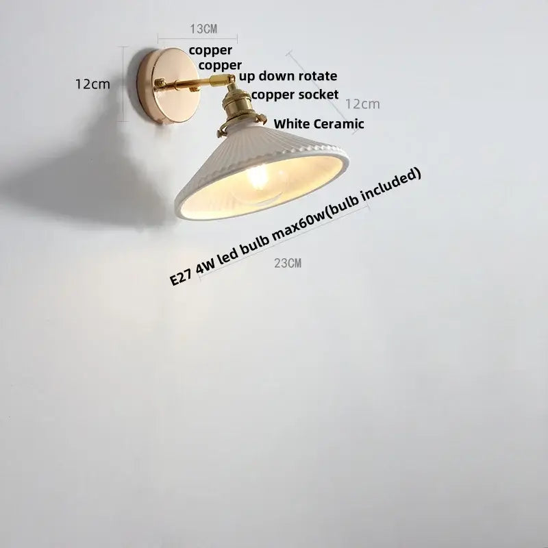 Vintage brass and copper-finished ceramic led wall light with white ruffled glass shade for bathroom mirror decorbites ceramic led