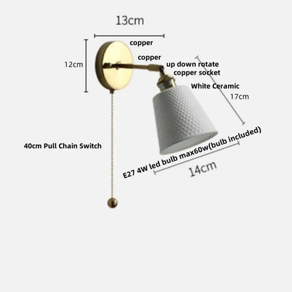 Vintage brass and ruffled glass white ceramic led wall light with textured diamond decorbites ceramic led shade