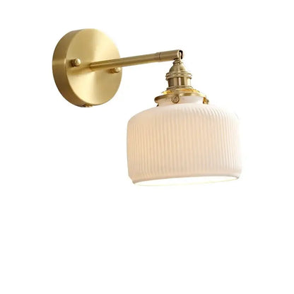Vintage brass led wall lamp with scalloped off-white ribbed glass shade for bedroom lighting